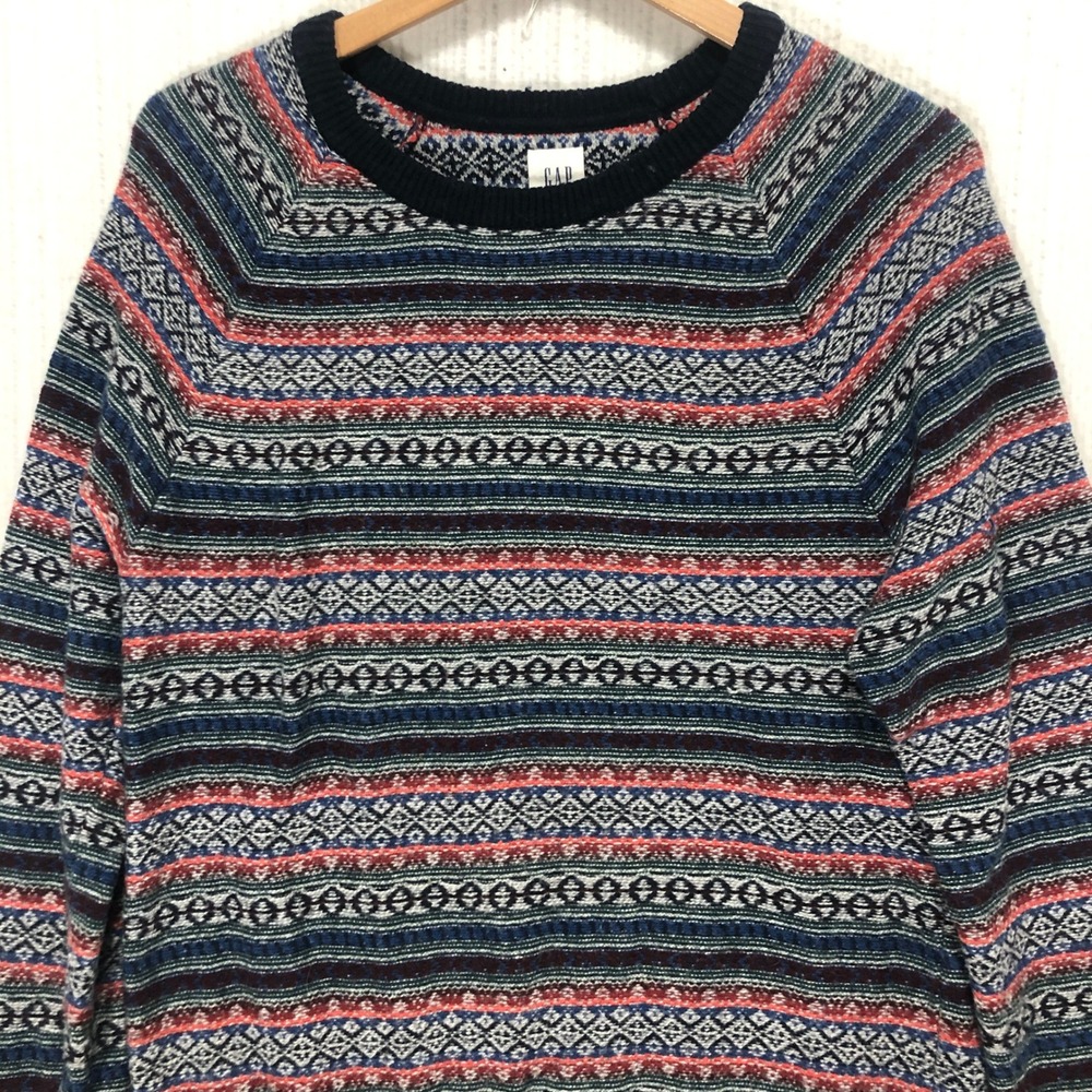 Gap Mens Merino Wool Blend Fair‎ Isle Crewneck Sweater Navy Red Teal Size M